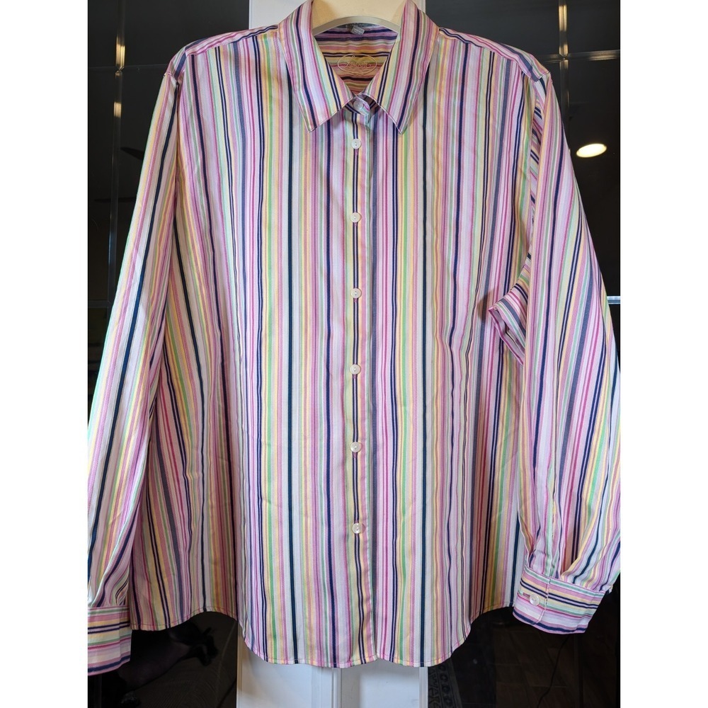 Foxcroft Button Up Shirt Women 24 Multi Color Striped Classic Fit Wrinkle Free